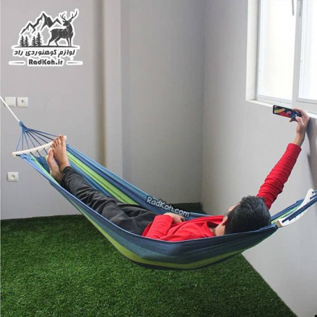 تخت آویز ننو مسافرتی یک نفره چوبدار رنگ آبی