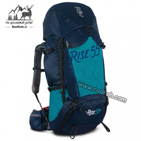 کوله پشتی کوهنوردی 55 لیتری صخره مدل رایز رنگ سرمه ای/آبی فیروزه ای