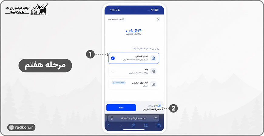مرحله هفتم: انتخاب نوع پرداخت اعتباری و تکمیل سفارش در دیجی پی