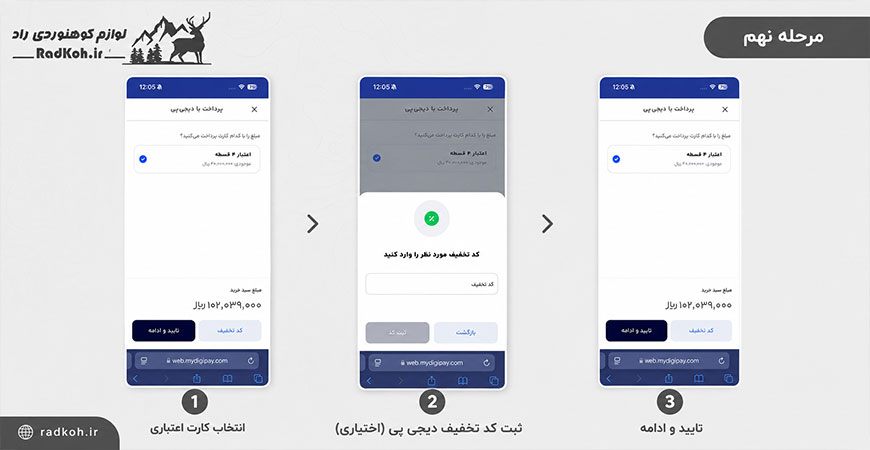 مرحله نهم: تایید اعتبار، اعمال کد تخفیف دیجی پی