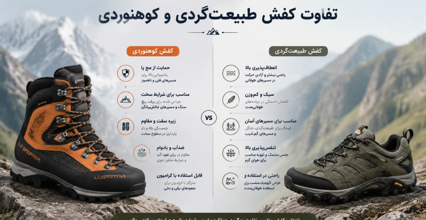 تفاوت کفش طبیعت‌گردی و کفش کوهنوردی چیست؟ راهنمای کامل انتخاب کفش مناسب